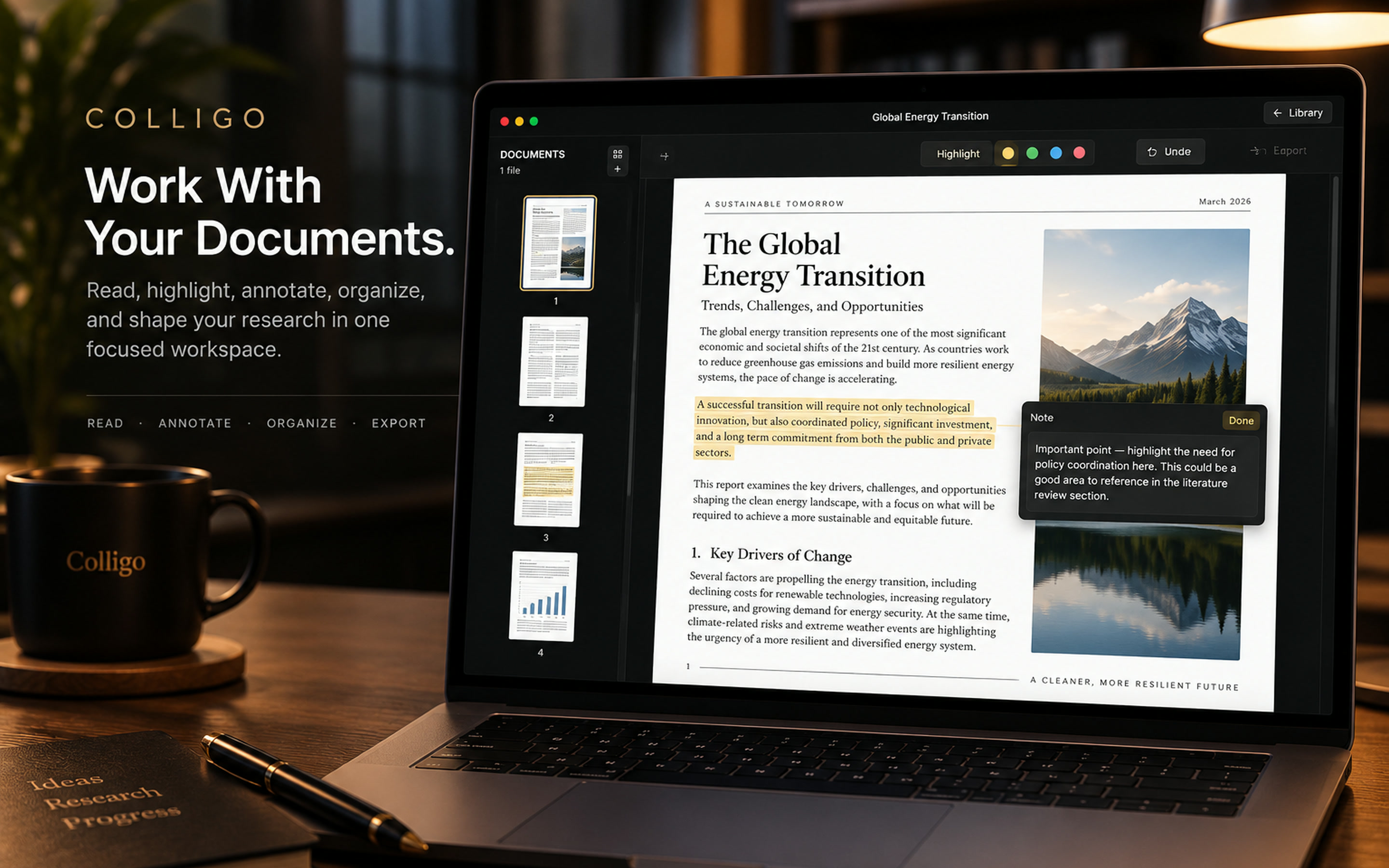 Colligo research workspace displaying an annotated document on Mac